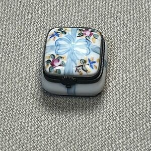 Limoges France Rochard Hand Painted Porcelain Trinket Box Blue Ribbon Floral HC